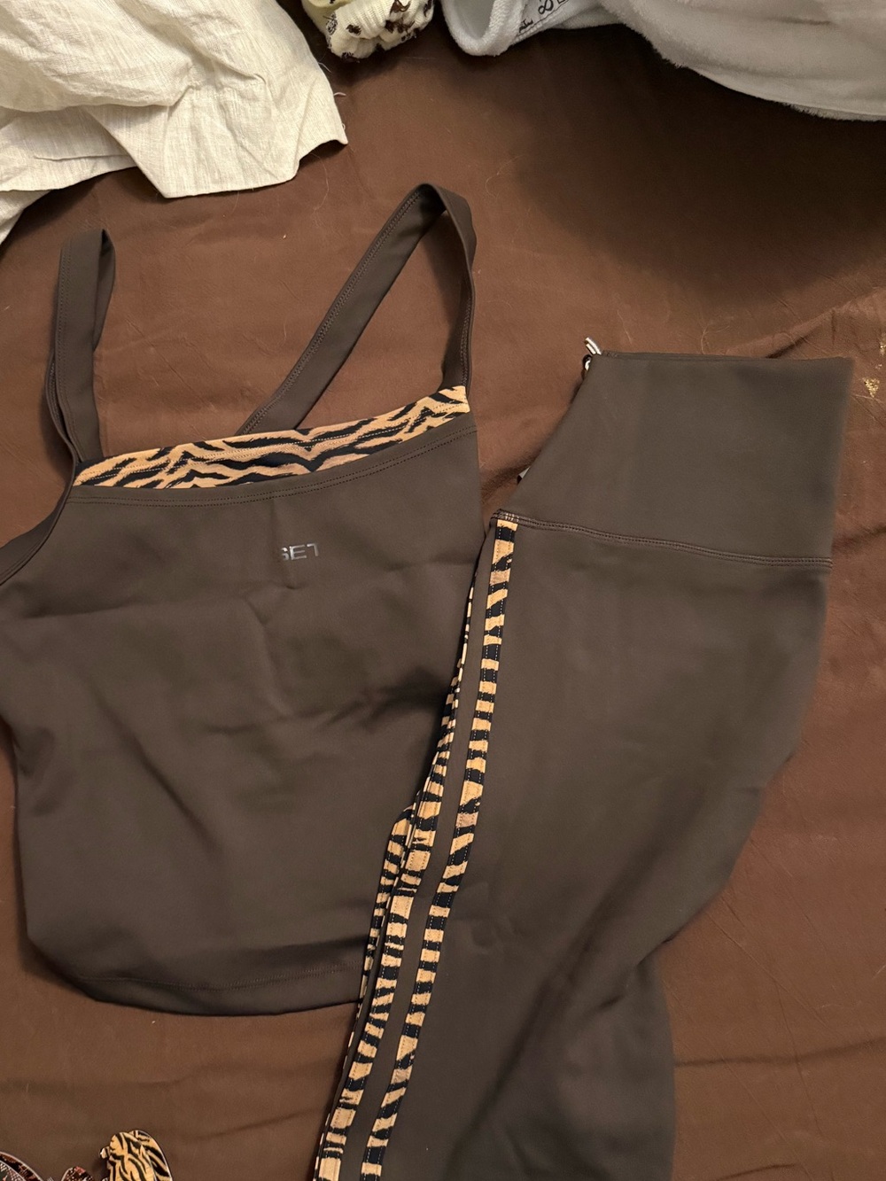 SET Active Brown Tank & Legging Set with Tan Tiger-Print Trim